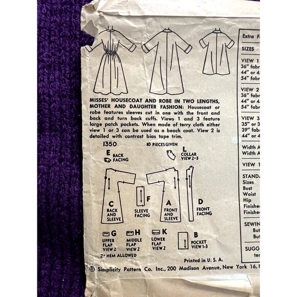 Simplicity 1350 Pattern house coat robe 1950s sz 14 bust 32 - Picture 3 of 4